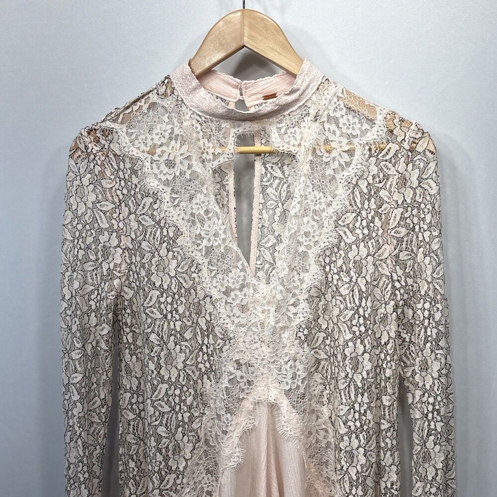 Free People Tell Tale Lace Tunic Dress Pink M OB556692 Boho Sheer Long Sleeve - Picture 4 of 14